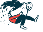An illustration shows a person carrying a giant coffee cup.