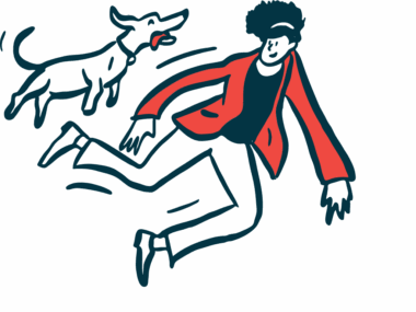 A person and a dog are shown jumping.