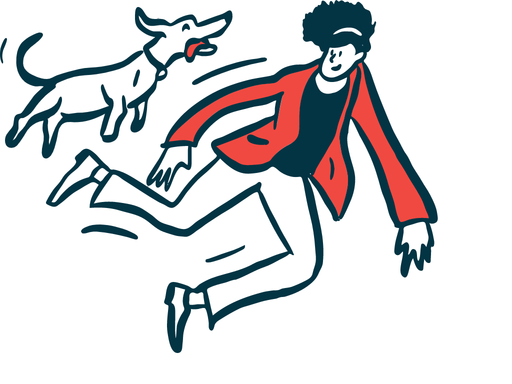 A person and a dog are shown jumping.