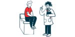 A doctor holds a clipboard and gestures while speaking with a patient seated on an examination table.
