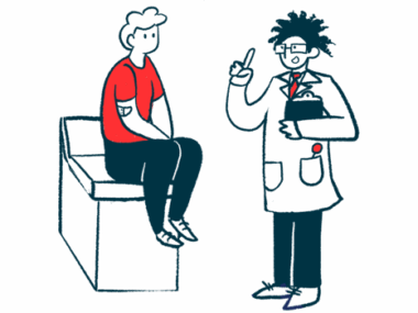 A doctor holds a clipboard and gestures while speaking with a patient seated on an examination table.
