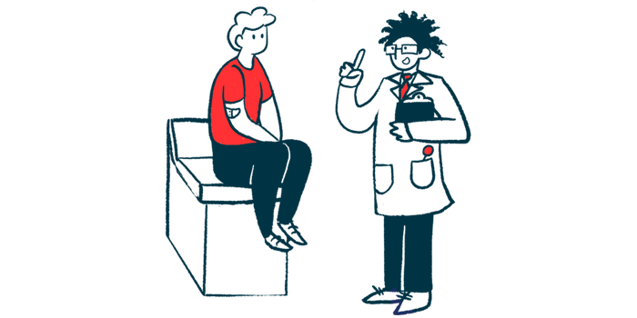 A doctor holds a clipboard and gestures while speaking with a patient seated on an examination table.