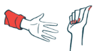 Two hands are shown, one is open and the other is closed into a fist.