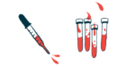 A dropper squirts out droplets of blood alongside several vials of blood.