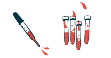 A dropper squirts out droplets of blood alongside several vials of blood.