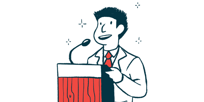 Nourianz | Parkinson's News Today | Kyowa Kirin | illustration of man speaking at lectern