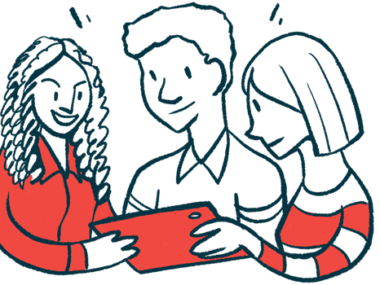 An illustration of people looking at a tablet.