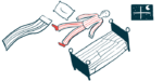 An illustration of disturbed sleep, showing a person lying on a floor next to a bed stripped of its pillow and blanket.