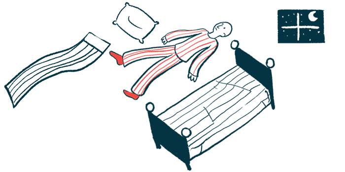 An illustration of disturbed sleep, showing a person lying on a floor next to a bed stripped of its pillow and blanket.