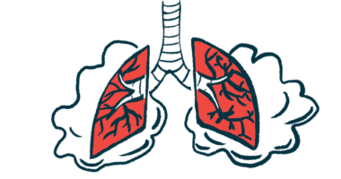 A pair of damaged lungs are seen surrounded by clouds, which indicate that they are struggling to breathe.