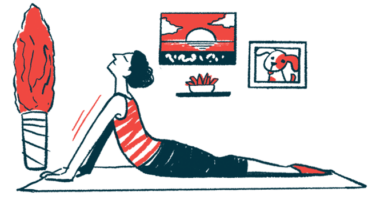 An illustration of a person exercising at home on a yoga mat.