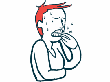 This illustration of anxiety shows a person in distress, biting fingernails.