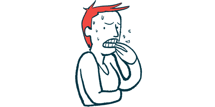 This illustration of anxiety shows a person in distress, biting fingernails.