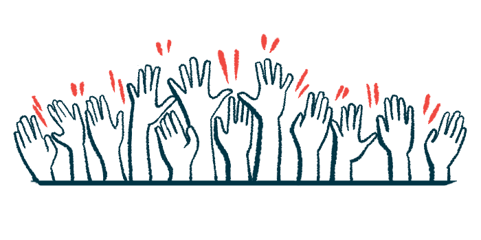 Illustration of people in group holding up their hands.