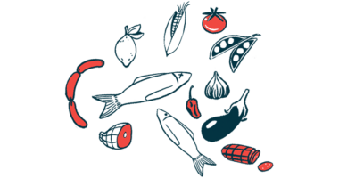 An illustration shows various types of food: fish, fruit, vegetables, etc.