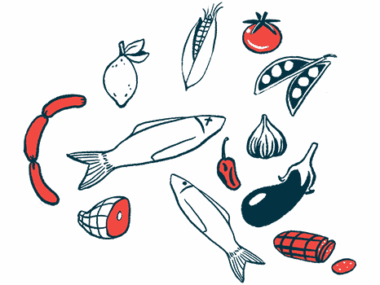 An illustration shows various types of food: fish, fruit, vegetables, etc.