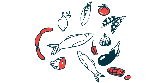 An illustration shows various types of food: fish, fruit, vegetables, etc.
