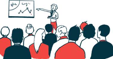 Illustration of audience watching a presenter at a conference.