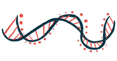 A close-up illustration of DNA highlights its ribbon-like structure.