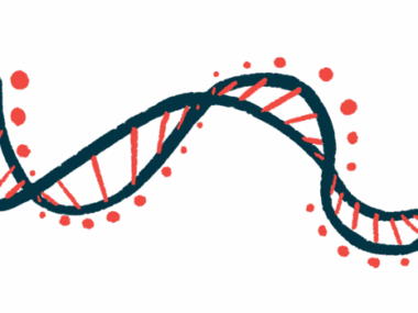 A close-up illustration of DNA highlights its ribbon-like structure.