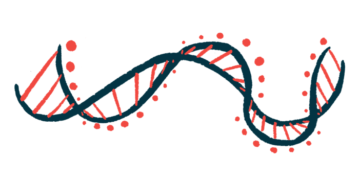 A close-up illustration of DNA highlights its ribbon-like structure.