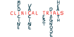 The words clinical trials anchor an interlocking word puzzle of related terms.