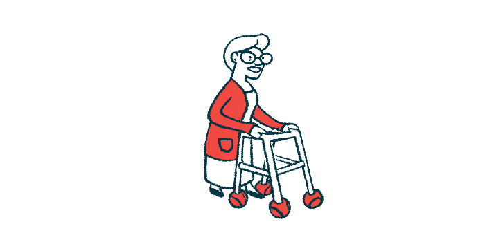 Parkinson's symptoms in older adults | Parkinson's News Today | symptoms and age at onset | illustration of woman using a walker