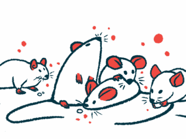 Five mice are pictured huddling together, with one holding a food pellet between its paws.