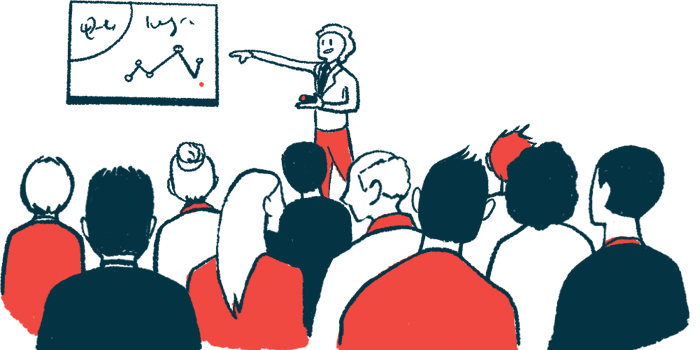 An illustration of a person presenting data to an audience.