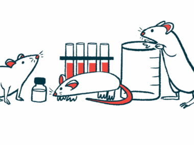 A trio of mice are pictured crawling around a beaker and test tubes in a lab.