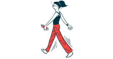 An illustration of a woman walking while being somewhat unsteady in her gait.