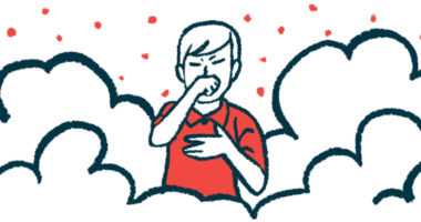 An illustration of a person coughing surrounded by clouds of smoke.