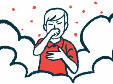 An illustration of a person coughing surrounded by clouds of smoke.