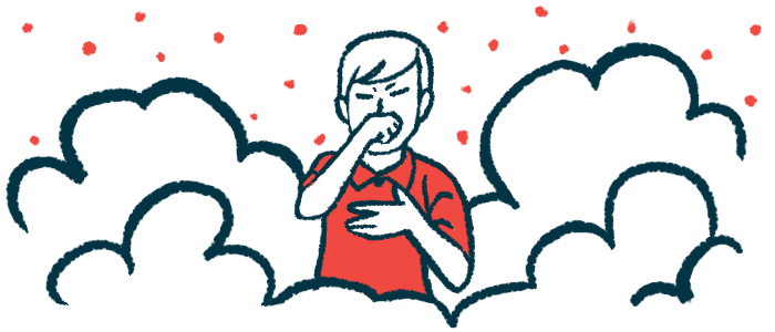 An illustration of a person coughing surrounded by smoke.