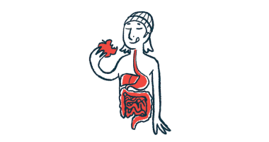 An illustration showing a woman eating an apple, with her digestive system highlighted.