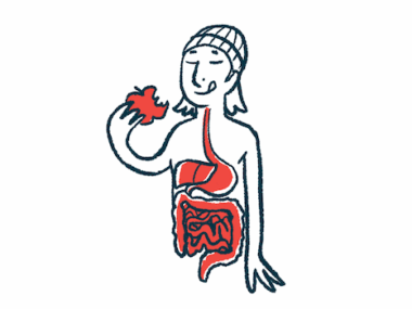 An illustration showing a woman eating an apple, with her digestive system highlighted.