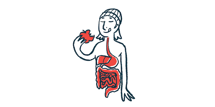 An illustration showing a woman eating an apple, with her digestive system highlighted.