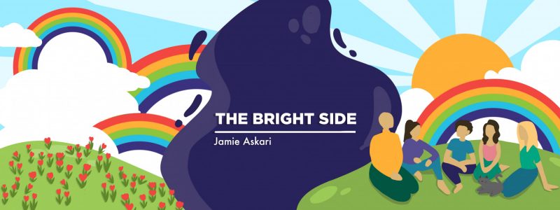 The banner image depicts friends having a picnic beneath rainbows. The writing on the image reads "The Bright Side" Jamie Askari