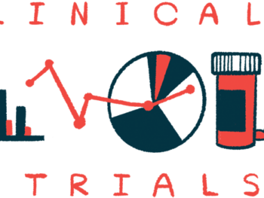 Several graphs and a pill bottle are used to illustrate clinical trials of a treatment.