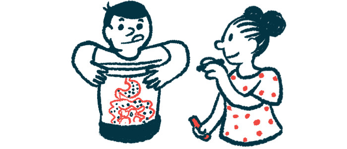 An illustration of two young people, one drawing a digestive tract and its microbiome on the other.