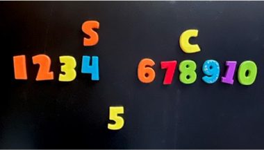 A series of colorful magnets on the black background of a refrigerator. In the center are numbers, ordered from 1 to 10, from left to right. The 5 has been pushed down beneath the line of numbers to indicate that the writer is on his fifth day of the cycle. The letter "S" also appears above the 4, to indicate that day four was a sweet spot. And there's a "C" above the 8, to indicate that the eighth day in the cycle is expected to be stressful.
