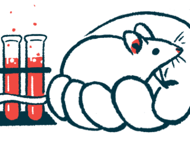 An oversized hand holds a mouse alongside test tubes filled with blood.