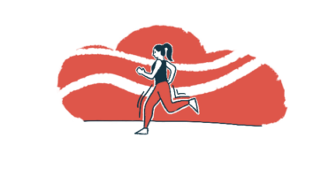 An illustration shows woman running across an open space.