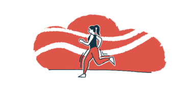 An illustration of a woman running across an open space.