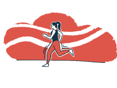 An illustration shows woman running across an open space.