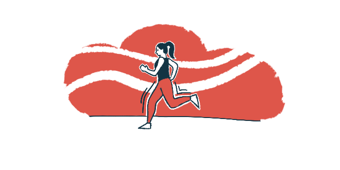 An illustration shows woman running across an open space.
