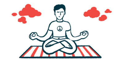 Illustration shows a person sitting on a blanket, legs crossed, and engaged in meditation.