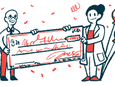Illustration shows two people holding a giant check with balloons and confetti in the background.