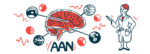 An American Academy of Neurology annual meeting illustration shows the human brain with certain sections highlighted and the letters AAN underneath.