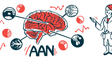 An American Academy of Neurology annual meeting illustration shows the human brain with certain sections highlighted and the letters AAN underneath.